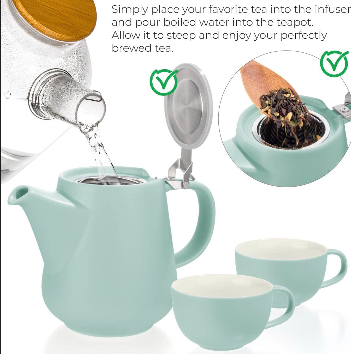 T42 - Tea for Two Porcelain Teapot & 2 Cups Set 27 fl. Oz